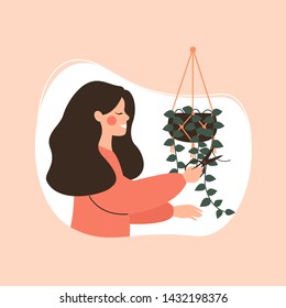 Young girl cuts off potted green plant. Concept of love and care of home flowers. Vector