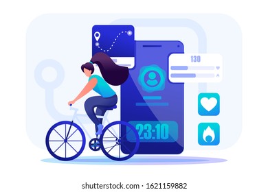 Young girl Cycling, mobile app to track your workouts. Flat 2D character. Concept for web design