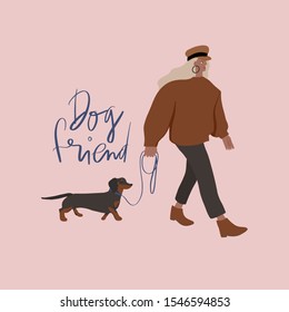 Young girl with dachshund dog. Autumn fashion look. Vector flat illustration