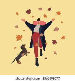 Young girl and dachshund dog playing with autumn leaves. Vector flat illustration