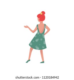 Young girl in dancing action. Red-haired woman in cute dress. Active lifestyle. Party time. Flat vector design