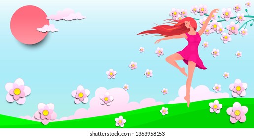 A young girl dancing among the flowers. Dancing girl on the background of the sun, sky and flowers.