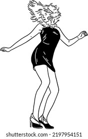 Young Girl Dancing Disco party People lifestyle Hand drawn line art illustration