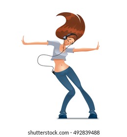 Young girl dancing and listening to music with headphones. Vector go-go dancer isolated on white background