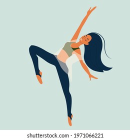 Young girl dancing modern dance, dancer in graceful pose, female character in cartoon style, vector illustration, isolate.