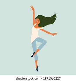 Young girl dancing modern dance, dancer in graceful pose, female character in cartoon style, vector illustration, isolate.
