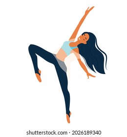 Young girl dancing modern dance, dancer in graceful pose, female character in cartoon style, vector illustration, isolate.