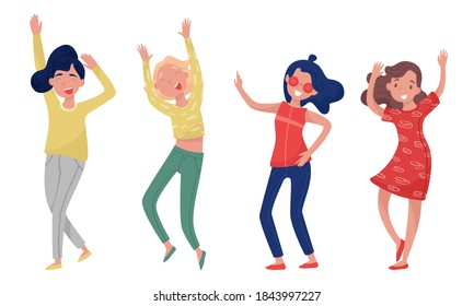 Young Girl Dancing to Music Raising Up Hands Vector Illustration Set