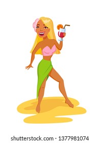 Young Girl dancing at a summer beach party. Blond haired young woman holds cocktail in hand. She is wearing a pink top and a green pareo