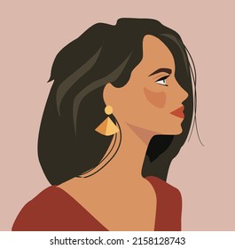 a young girl with dark hair cut .flat illustration. Avatar for a social network. Brunette in a red sweater and gold earrings on an isolated background. Beauty model.