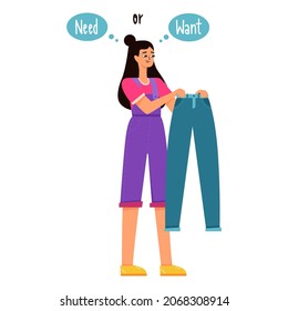 A young girl with dark hair holds blue trousers and thinks she needs it or wants it. The theme of reasonable consumption, overconsumption, conscious choice of clothing. Flat color vector illustration.
