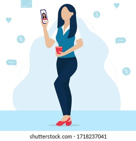 A young girl with dark hair speaks via video call. Remote work. The woman stands in a relaxed pose, holding a Cup of coffee or tea. Work is a pleasure. Trend flat design