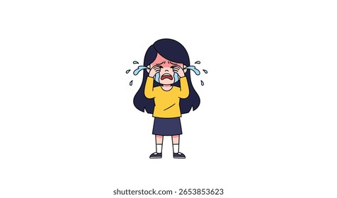 Uma menina de cabelo escuro e camisa amarela chora intensamente seus olhos vermelhos e as correntes de lágrimas saem livremente deles