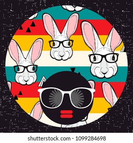 Young girl with dark skin and creative turban on her head. Vector illustration with female portrait.  Black woman in retro glasses and hipster hair.