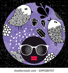 Young girl with dark skin and creative turban on her head. Vector illustration with female portrait.  Black woman in retro glasses and hipster hair.