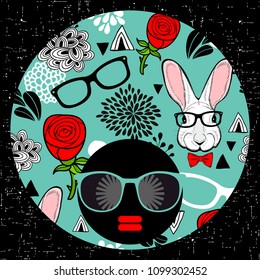 Young girl with dark skin and creative turban on her head. Vector illustration with female portrait. Black woman in retro glasses and hipster hair.