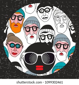 Young girl with dark skin and creative turban on her head. Vector illustration with female portrait. Black woman in retro glasses and hipster hair.
