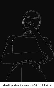 Uma jovem garota profunda em pensamentos, apoiando sua mão em seu queixo em um desenho de linha preta e branca. O fundo escuro enfatiza sua expressão contemplativa, criando um contraste impressionante.