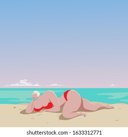 A young girl with a delicious body sunbathes in the sand on the seashore. Cartoon character in flat style vector illustration.