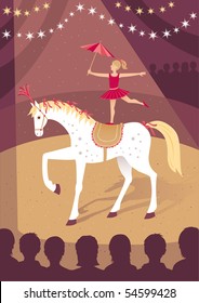 Young girl demonstrating an acrobatic performance while riding a horse. Vector. Separated into layers.