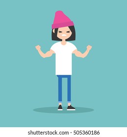 Young girl demonstrating her strength / editable flat vector illustration