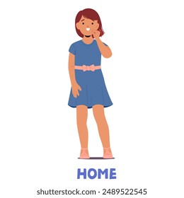 Young Girl Demonstrating The Sign Language Gesture For Home. Cartoon Child Standing And Smiling, Wearing A Blue Dress With A Pink Bow, Conveys Concept Of Communication, Accessibility, And Inclusivity