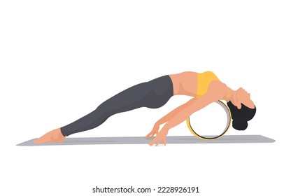 Young girl demonstrating upward plank pose. Flexible woman doing purvottanasana yoga pose with wheel. Yoga for beginners. Yoga wheel training pose. Vector illustration isolated on the white background