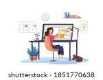 A young girl designer is sitting at a graphic tablet. Cozy office at home, remote work as a graphic illustrator. Modern illustration.