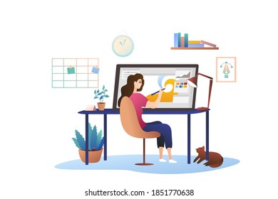 A Young Girl Designer Is Sitting At A Graphic Tablet. Cozy Office At Home, Remote Work As A Graphic Illustrator. Modern Illustration.