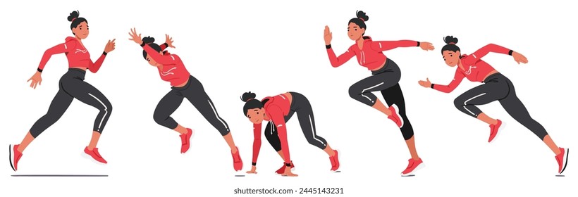 Young Girl Determined Athlete Sprints With Grace And Vigor, Embodying The Spirit Of Unstoppable Youth And Ambition. Female Sportswoman Character Healthy Lifestyle. Cartoon People Vector Illustration