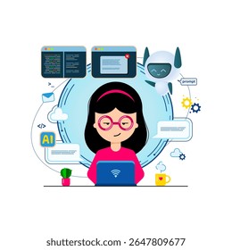Jovem desenvolvedora criando sites e aplicativos em nuvem no laptop com assistente de IA. Estilo plano. Ilustração vetorial.