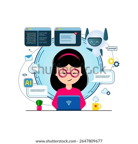 Young girl developer creating websites and cloud applications on laptop with AI assistant. Flat style. Vector illustration.