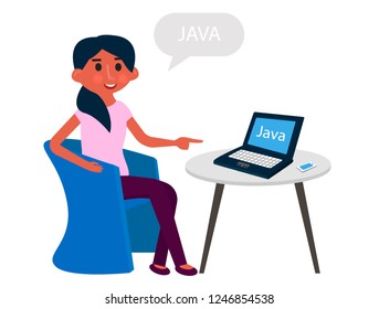 Young girl developer have a rest at office armcheir. Programmer working on computer. Vector illustration