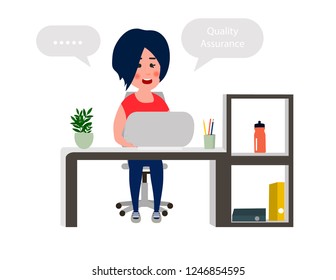 Young girl developer working at office table. Programmer working on computer. Vector illustration