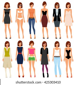 A young girl in different clothes and hair. Vector illustration