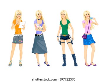 Young girl in different clothes and situations, illustration