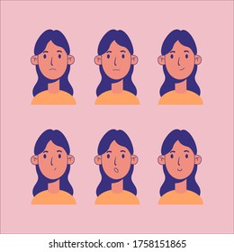 Young girl with different emotions. Set of a woman faces showing different emotions. Laughter, sadness, fear, melancholy, interest, perplexity, anxiety, fun, gloom. Various avatars. Isolated elements.