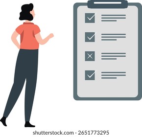 Uma jovem garota diligentemente marca carrapatos em uma lista de verificação, sua expressão focada revelando determinação. Ela progride cuidadosamente através de cada item, incorporando organização e responsabilidade.