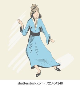 A young girl with disheveled hair is dancing. Dressed in a blue dress with a black belt, black patent leather shoes with heels. Rejoices. Sketch style. Vector illustration