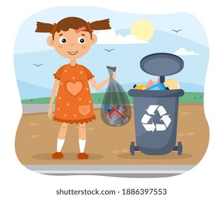 Young girl disposing of a bag of garbage placing it in a wheelie bin for recycling, colored cartoon vector illustration