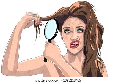 A young girl with a distressed face looks at her hair through a magnifying glass. Vector image in pop art style isolated on white background.