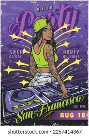 Young girl DJ colorful poster with mixing console for playing cool music at night party in San Francisco vector illustration