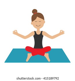 Young girl do yoga. Cute cartoon woman character sitting in lotus pose. Healthy lifestyle. Yoga pad. Fitness clothes. Relax exercises. Meditating. Isolated. White background. Flat design. Vector