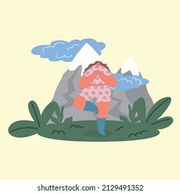 Young girl do yoga in nature. Female wellness classes on the fresh air. Women perform exercises against the background of mountains. Sports tourism. Relaxing self time.Cartoon vector flat illustration