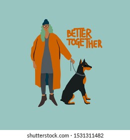 Young girl with Doberman terrier dog. Autumn fashion look. Vector flat illustration