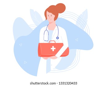Young girl doctor with medical bag. First aid, home visit, health care. Vector character on pastel background.