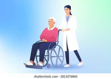 Young girl doctor on a walk with an elderly man in a wheelchair. The nurse pushes the wheelchair with old man. Concentration of medical personnel.