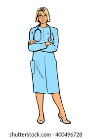 Young girl doctor standing with arms crossed. Illustration of blonde women of nurses in a sketch style isolated on white background