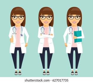 Young girl doctor in a white coat. Character. Holds thumb up, crossed his arms on his chest, holding a folder. In flat style.