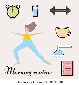 A young girl does her morning routine including waking up, yoga practice, drinking water, exercising, breakfast, showers, and plans for the day.